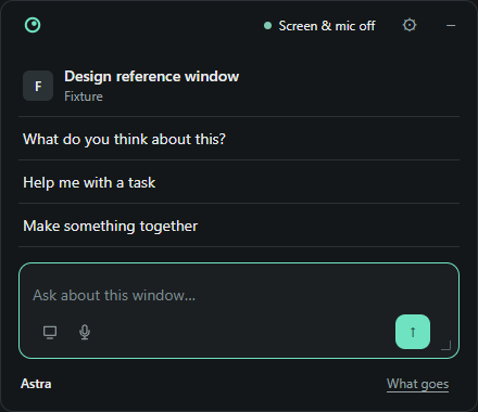 Sidelook panel: a header with the mark and Screen and mic off, a tile naming the window in front with its app, three starter lines, a one-line message box with a teal arrow, and the model name under it