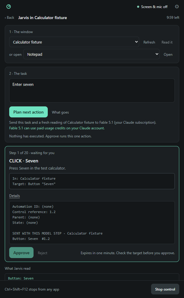 Computer mode as its own screen in the Sidelook panel: the window, the task, and a proposed click on the Seven button waiting for approval