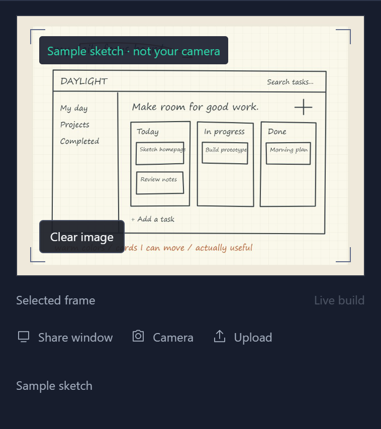 The studio's reference pane: a hand-drawn task board inside the viewfinder, labelled Sample sketch, not your camera, with Share window, Camera and Upload on the row beneath it and Live build at the end of the status line