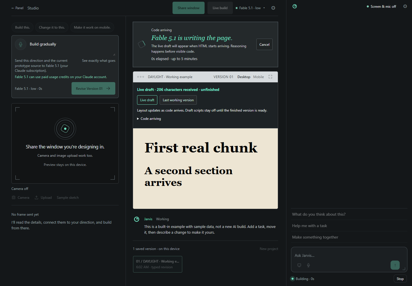 Sidelook studio beside the panel, code arriving, draft controls, and a partial page from the streaming check